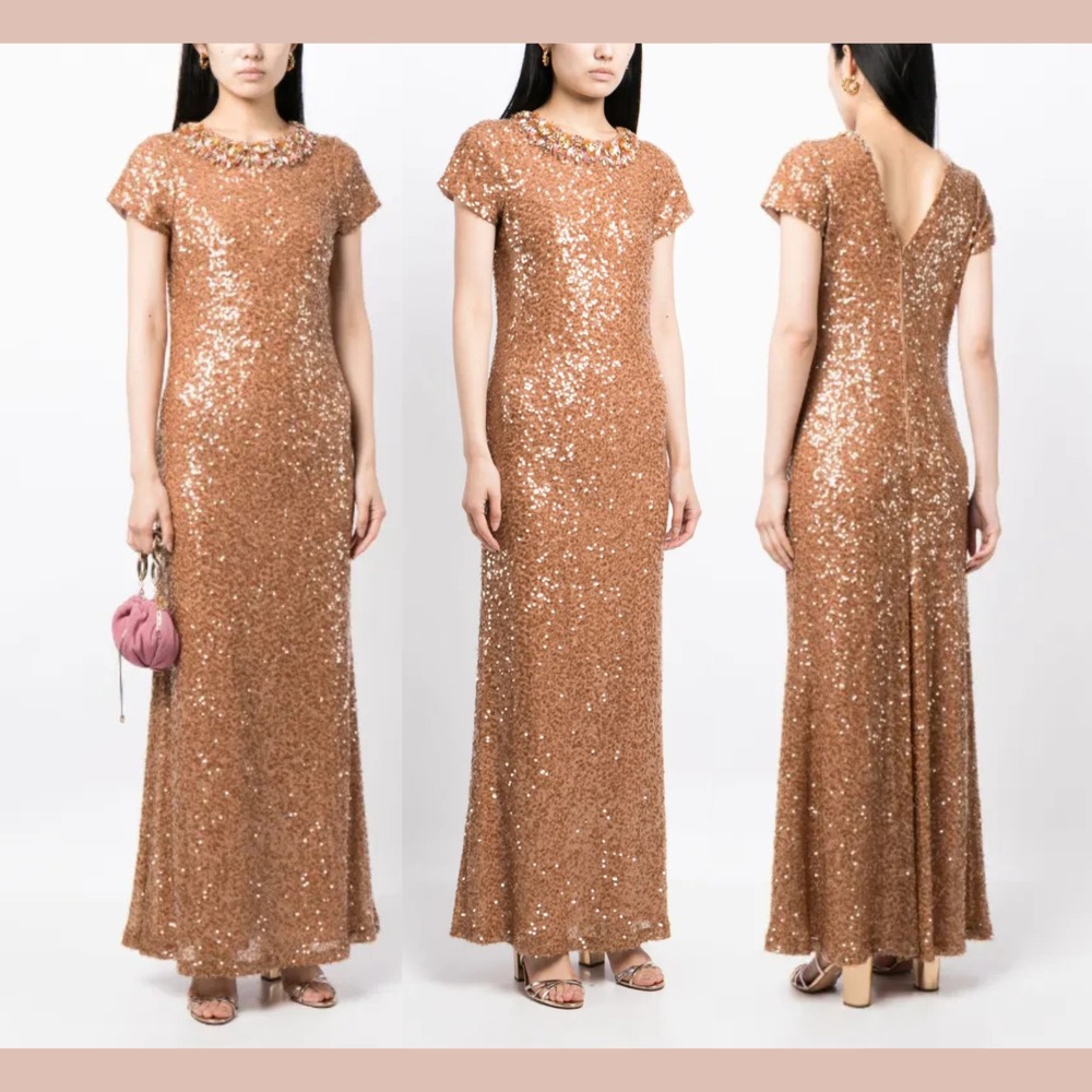NWT $1095 SACHIN & BABI [ 0 ] Shiloh Short Sleeve Sequin Gown Honey Bronze S1820